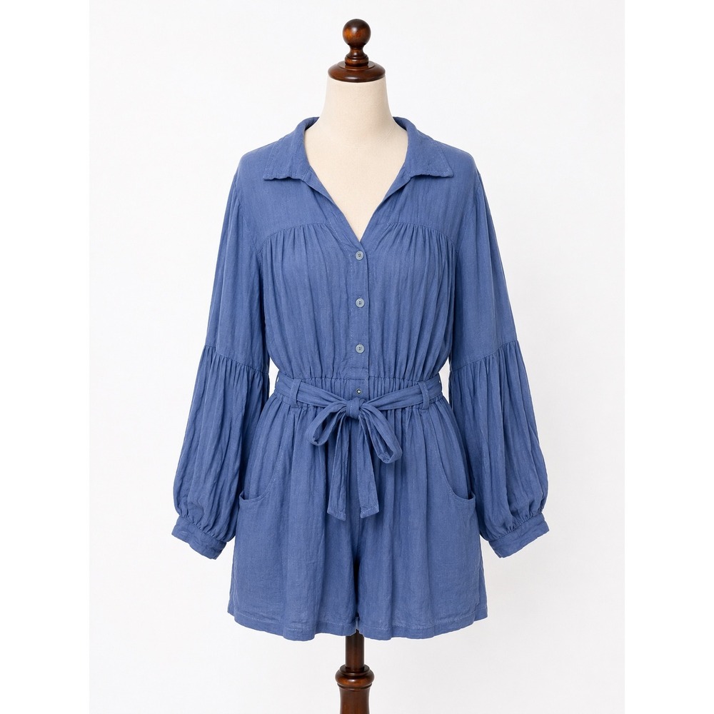 NEW Jen's Pirate Booty Blue Cotton Gauze Long Sleeve Button Front Romper Small